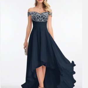 NWT 22W JJs House Dark Navy A-Line Off the Shoulder Lace Chiffon Gown (ABBA)